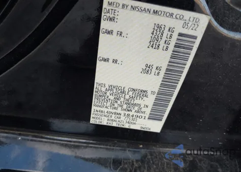 2022 Nissan Altima Sv Fwd z USA, uszkodzony, nr VIN 1N4BL4DV8NN384901